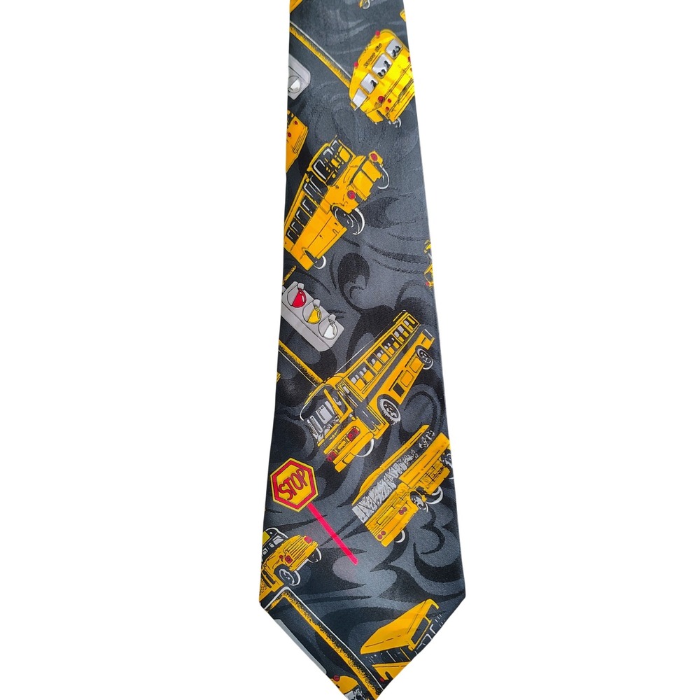 Fratello Mens OS School Bus Novelty Tie Grey Yellow Graphic Teacher Academic